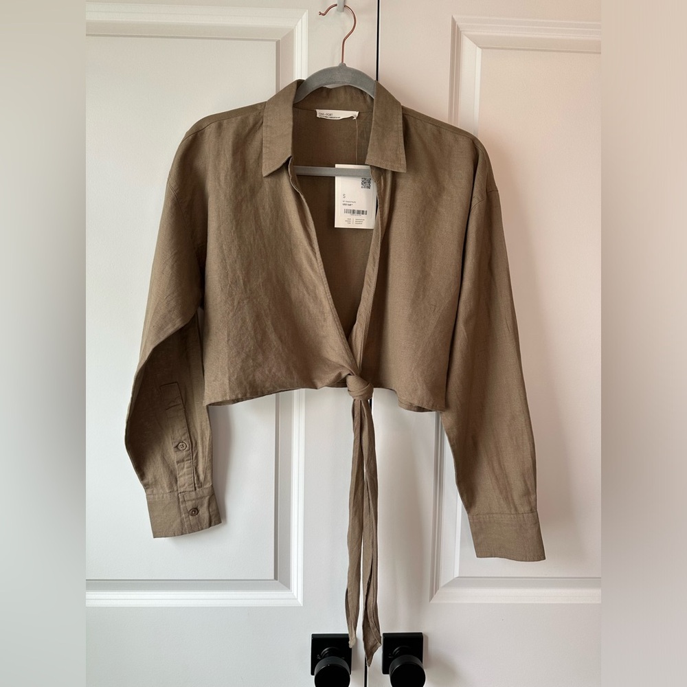 OAK + FORT Women’s Linen Blend Front Tie Shirt Taupe NWT (Size S)